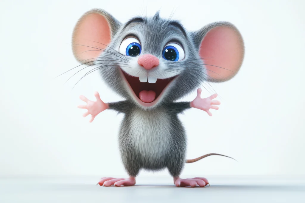 Eine fröhliche, animierte kleine Maus mit großen blauen Augen und ausgebreiteten Armen vor einem hellen Hintergrund.