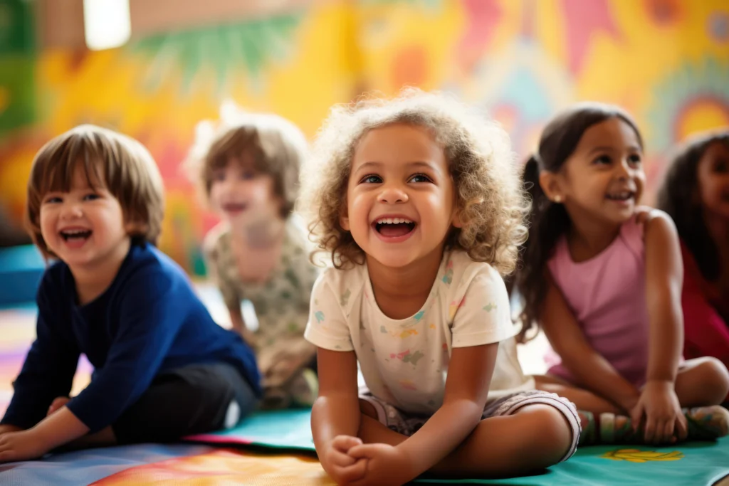Eine Gruppe fröhlich lachender Kinder sitzt gemeinsam auf dem Boden bei einer Aktivität im Familienzentrum.