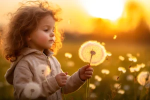 Ein kleines Kind mit lockigem Haar hält im warmen Licht des Sonnenuntergangs eine Pusteblume auf einer Wiese in der Natur.