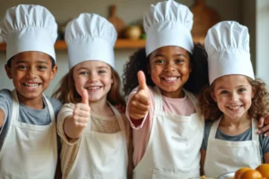 Vier fröhliche Kinder mit Kochmützen und Schürzen in einer Küche zeigen begeistert ihre Daumen nach oben.