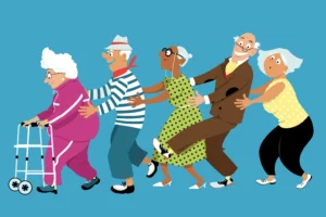 Eine fröhliche illustrierte Gruppe von Senioren in bunter Kleidung, die in einer Polonaise hintereinander tanzt und Spaß hat.