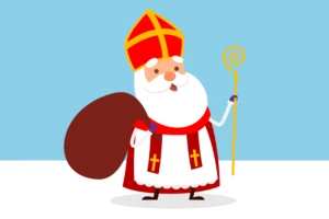 Eine freundliche Illustration des Heiligen Nikolaus mit Bischofsmütze, Stab und einem großen Geschenkesack vor blauem Hintergrund.