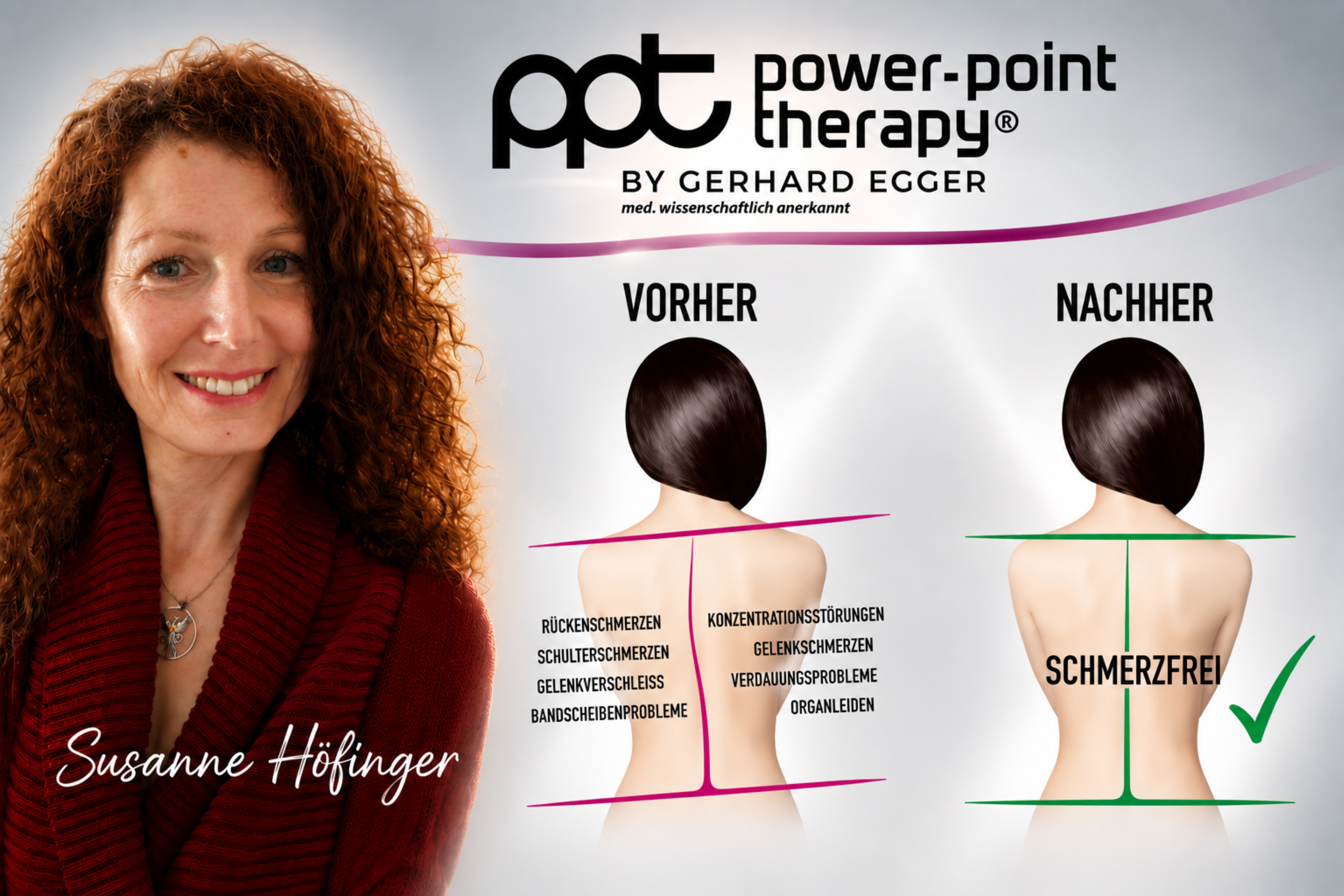 Susanne Höfinger präsentiert die power-point therapy mit einem Vorher-Nachher-Vergleich zur Schmerzbehandlung.