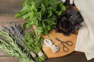 Frische Kräuter wie Basilikum, Minze und Lavendel auf einem Holzbrett mit einer Schere und Garn für einen Koch- oder Bastelkurs.