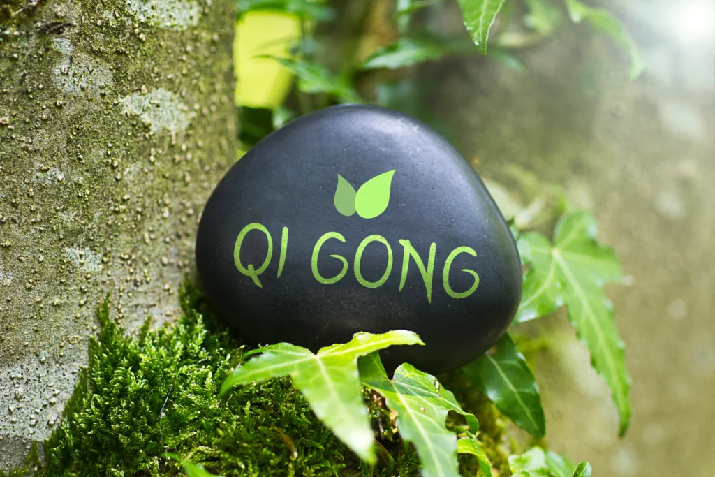 Ein schwarzer Stein mit der Aufschrift Qi Gong und einem grünen Blattsymbol, platziert in einer natürlichen Umgebung mit Moos.