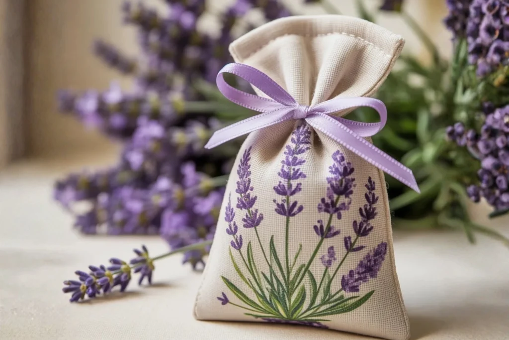 Ein kleines Stoffbeutelchen mit Lavendelmotiv und lila Schleife vor einem Hintergrund aus frischen, violetten Lavendelblüten.