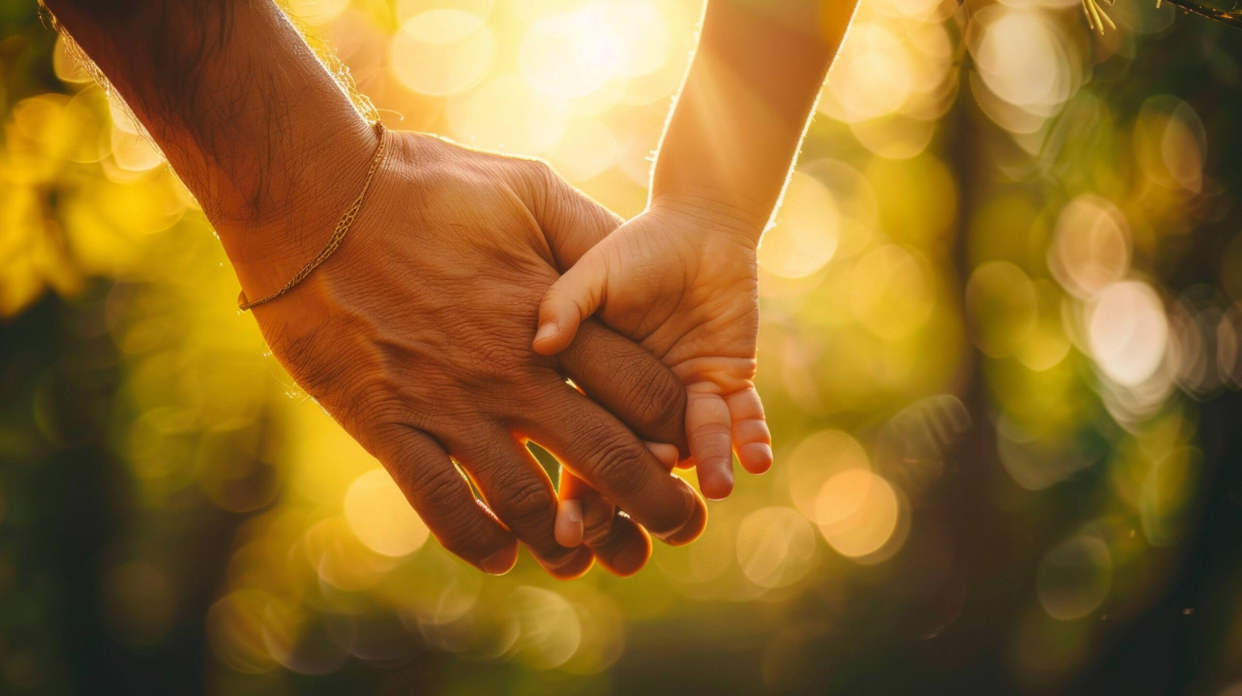 Ein Erwachsener hält liebevoll die kleine Hand eines Kindes im warmen, goldenen Licht der Abendsonne im Freien.