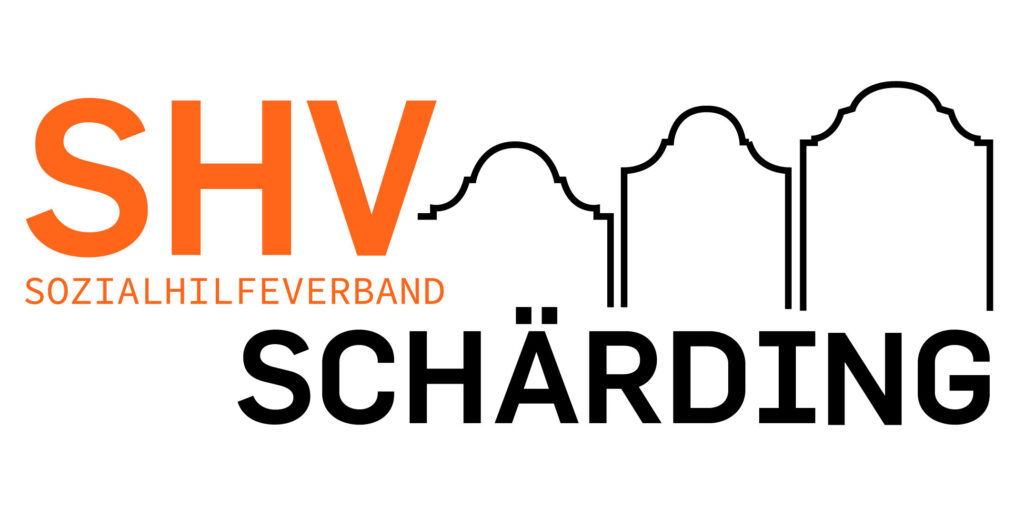 Logo des Sozialhilfeverbandes Schärding mit dem Schriftzug SHV und stilisierter Darstellung der Schärdinger Giebelhäuser.