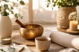 Eine Klangschale, eine Teetasse und eine Yogamatte auf einem Tisch, umgeben von Pflanzen und Kerzen für eine entspannte Atmosphäre.
